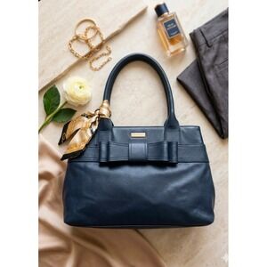 Kate Spade New York Navy Blue Leather Bow Shoulder Bag Tote with Scarf